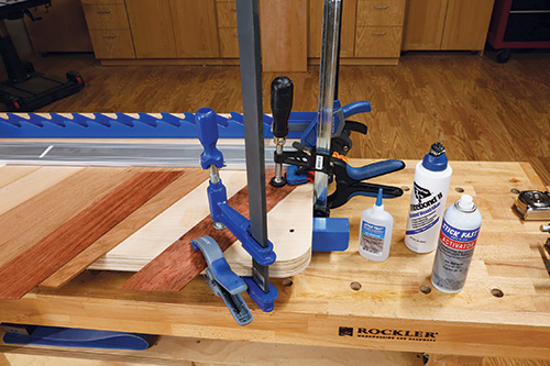 Clamping chevron pieces in place on tabletop