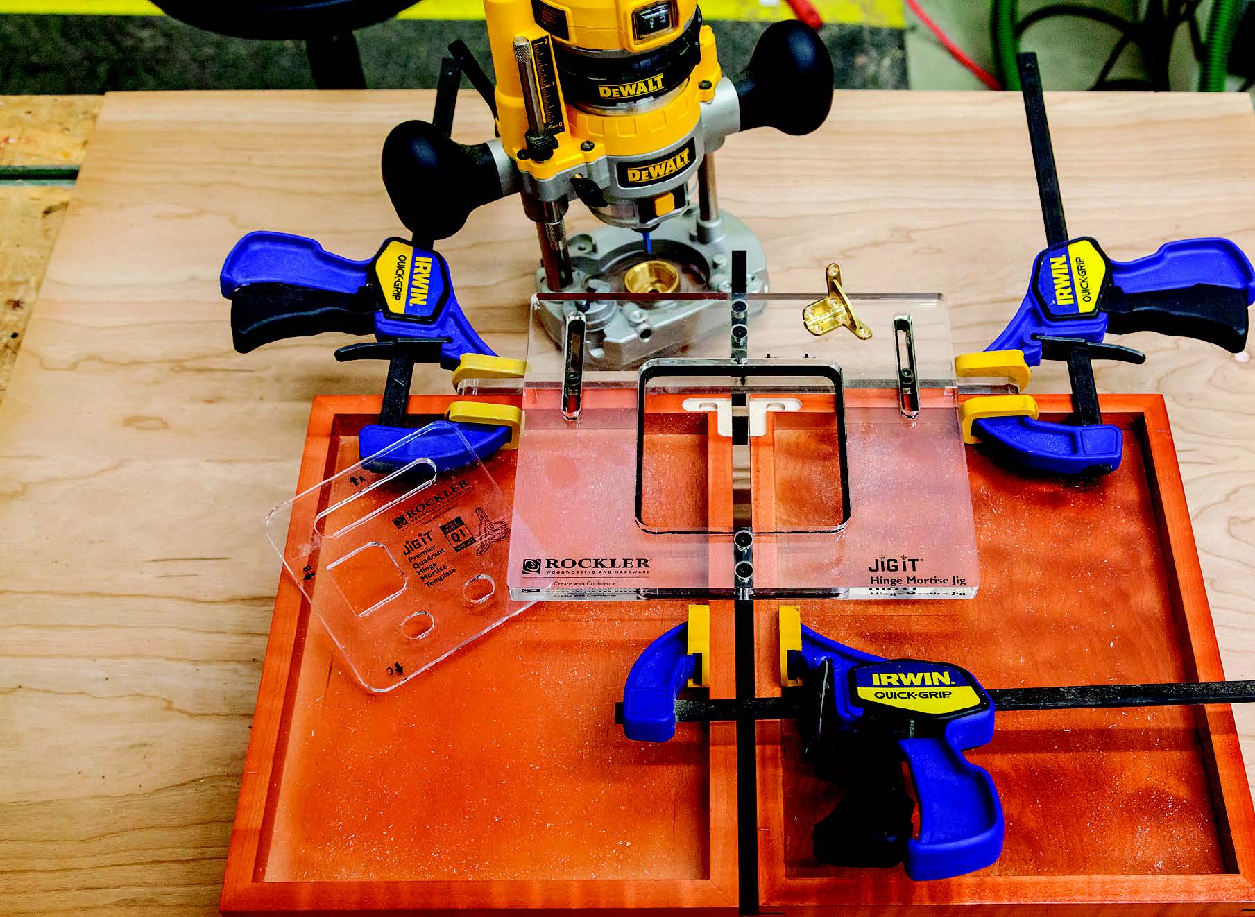 The mortises for this project’s brass lid hinges are much easier to cut with Rockler’s new JIG IT Hinge Mortising System. It has a respositionable center plate that indexes all the necessary router cuts.