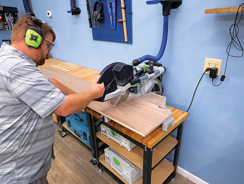 Miter cutting large lumber to make cabinet panels