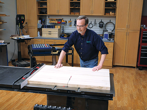 Cutting butcher block sheet for sanding cart tabletop